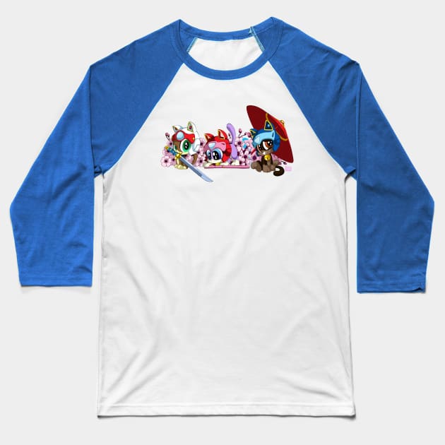 Samurai Pizza Kittens Baseball T-Shirt by Happy Bitey Snake